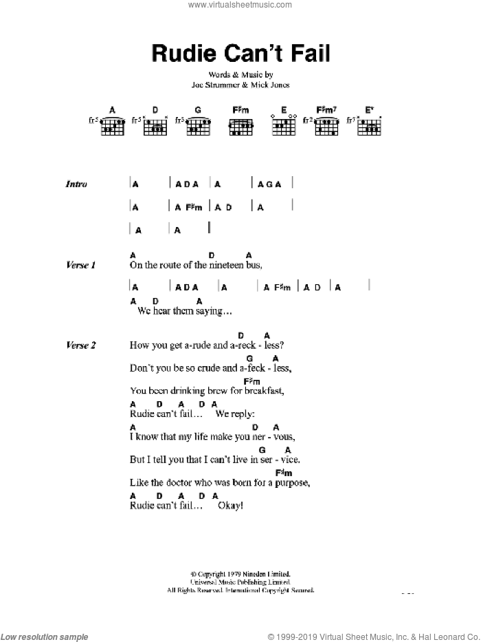 Rudie Can't Fail sheet music for guitar (chords) by The Clash, Joe Strummer and Mick Jones, intermediate skill level