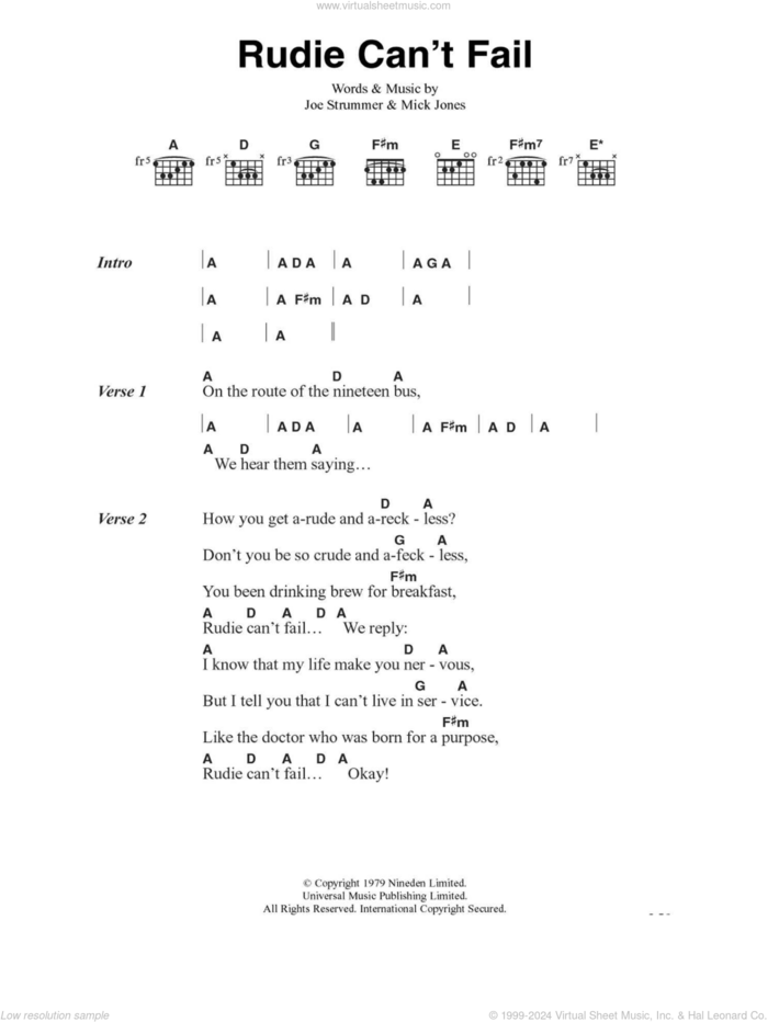 Rudie Can't Fail sheet music for guitar (chords) by The Clash, Joe Strummer and Mick Jones, intermediate skill level