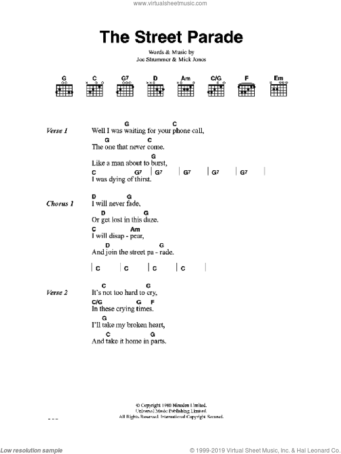 The Street Parade sheet music for guitar (chords) by The Clash, Joe Strummer and Mick Jones, intermediate skill level
