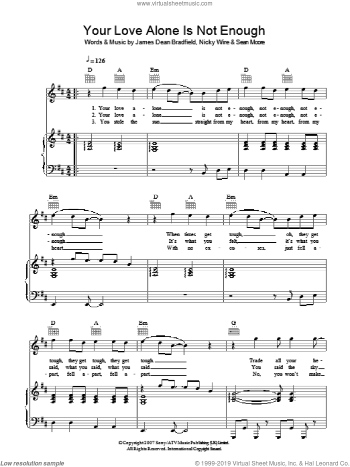 Your Love Alone Is Not Enough sheet music for voice, piano or guitar by Manic Street Preachers, James Dean Bradfield, Nicky Wire and Sean Moore, intermediate skill level