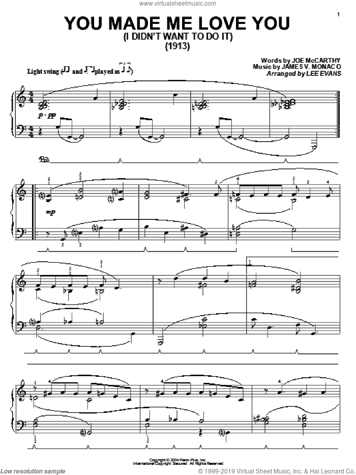 You Made Me Love You (I Didn't Want To Do It) sheet music for piano solo by Joe McCarthy and James Monaco, intermediate skill level