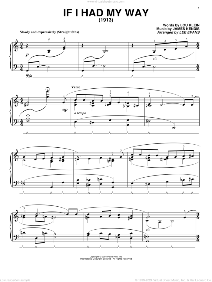 If I Had My Way sheet music for piano solo by Lou Klein and James Kendis, intermediate skill level