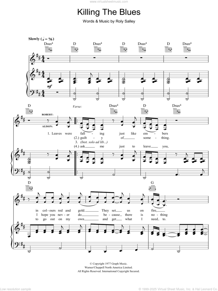 Killing The Blues sheet music for voice, piano or guitar by Robert Plant & Alison Krauss, Alison Krauss, Robert Plant and Roly Salley, intermediate skill level