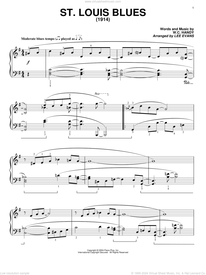 St. Louis Blues sheet music for piano solo by W.C. Handy, Bessie Smith and Louis Armstrong, intermediate skill level