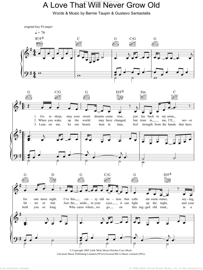 A Love That Will Never Grow Old sheet music for voice, piano or guitar by Emmylou Harris, Bernie Taupin and Gustavo Santaolalla, intermediate skill level