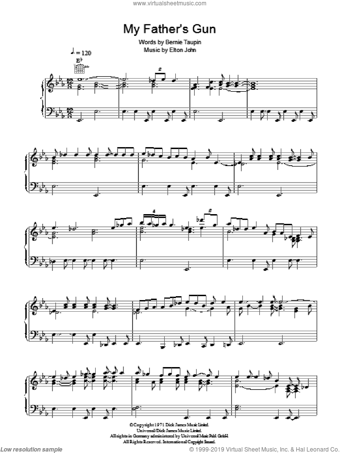My Father's Gun sheet music for voice, piano or guitar by Elton John and Bernie Taupin, intermediate skill level