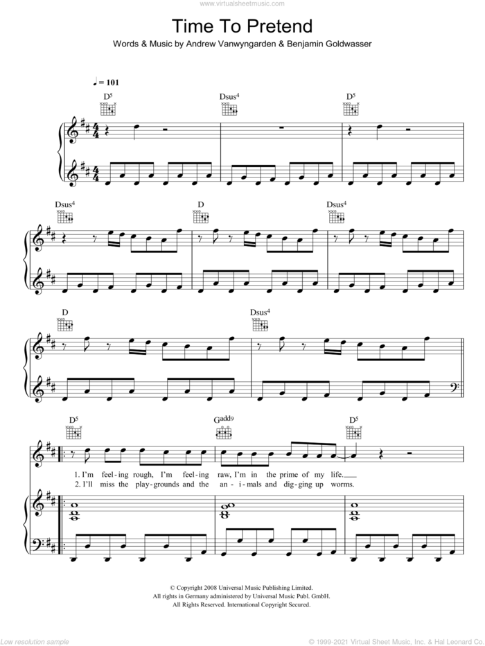 Time To Pretend sheet music for voice, piano or guitar by MGMT, Andrew Vanwyngarden and Benjamin Goldwasser, intermediate skill level