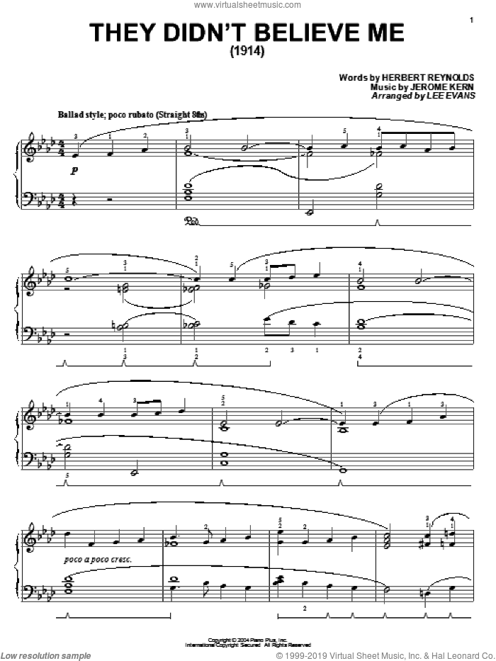 They Didn't Believe Me (arr. Phillip Keveren) sheet music for piano solo by Jerome Kern, Lee Evans and Herbert Reynolds, intermediate skill level