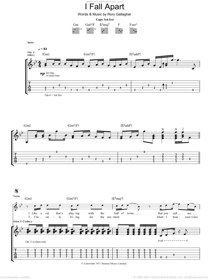 I Fall Apart sheet music for guitar (tablature) by Rory Gallagher, intermediate skill level