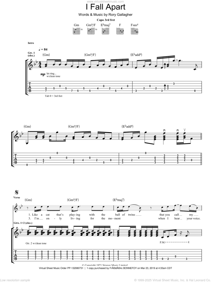 I Fall Apart sheet music for guitar (tablature) by Rory Gallagher, intermediate skill level