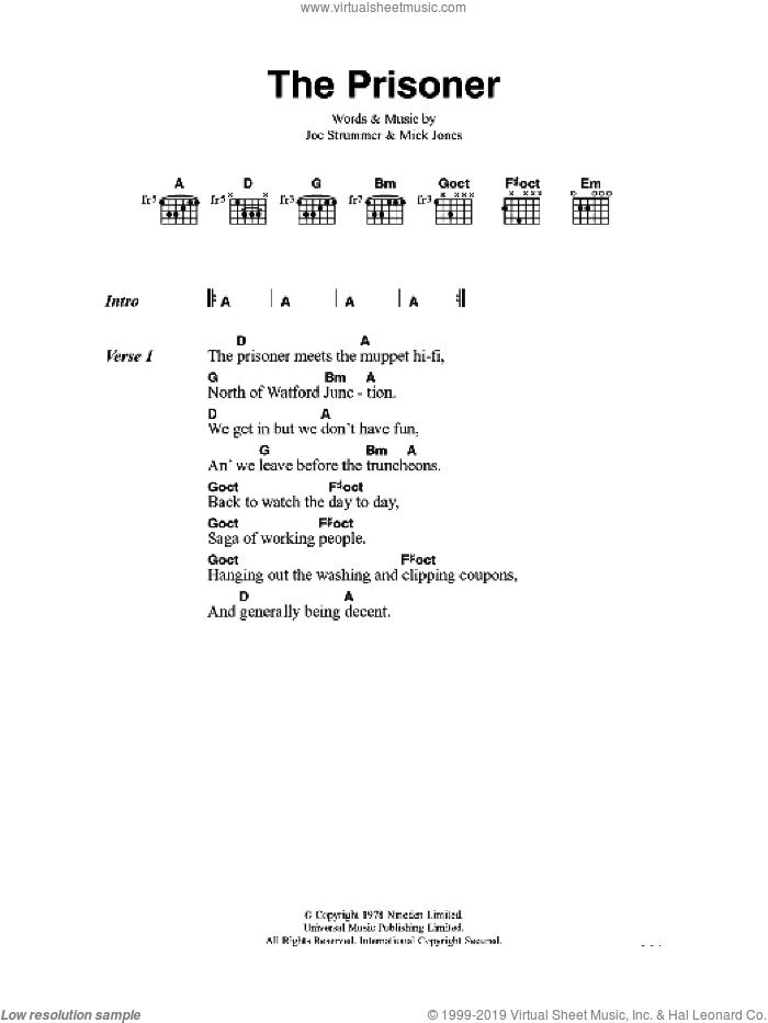 The Prisoner sheet music for guitar (chords) by The Clash, Joe Strummer and Mick Jones, intermediate skill level