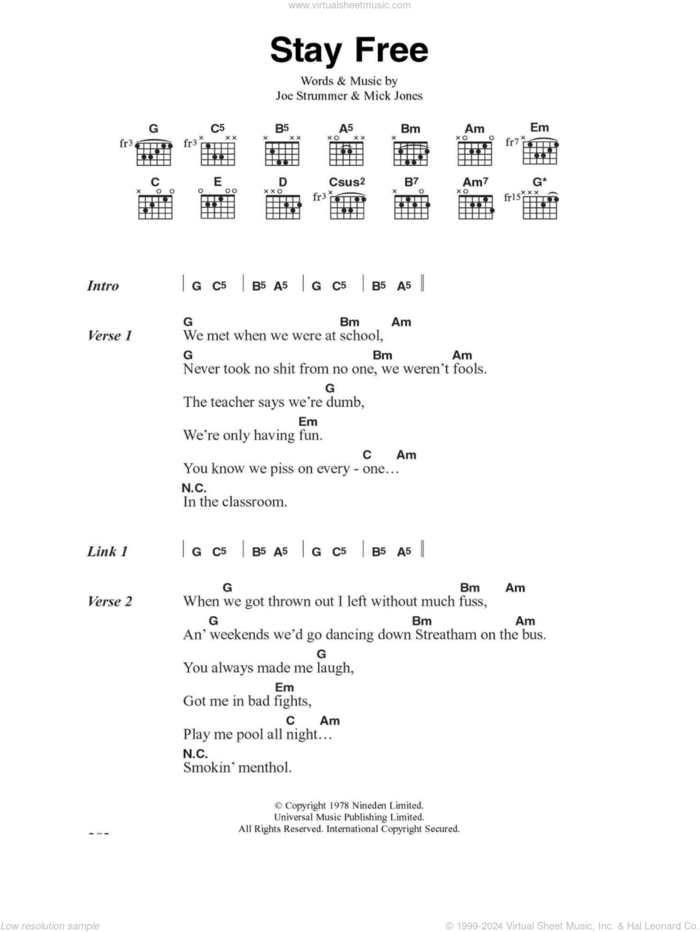 Stay Free sheet music for guitar (chords) by The Clash, Joe Strummer and Mick Jones, intermediate skill level