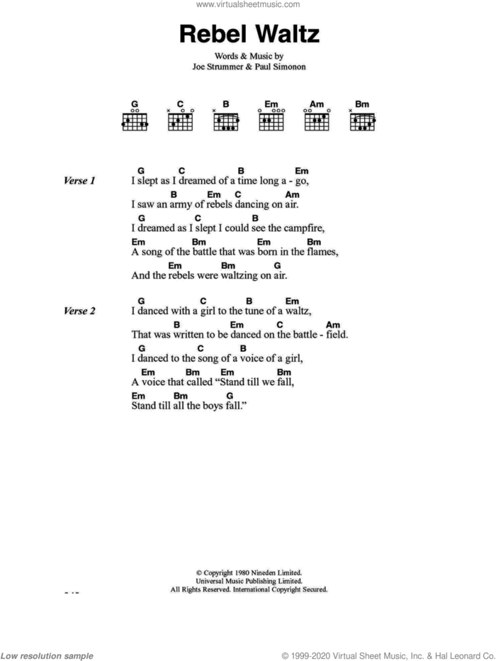 Rebel Waltz sheet music for guitar (chords) by The Clash, Joe Strummer and Paul Simonon, intermediate skill level