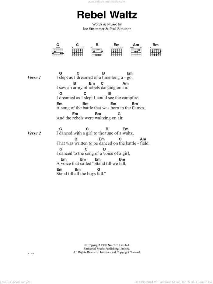 Rebel Waltz sheet music for guitar (chords) by The Clash, Joe Strummer and Paul Simonon, intermediate skill level