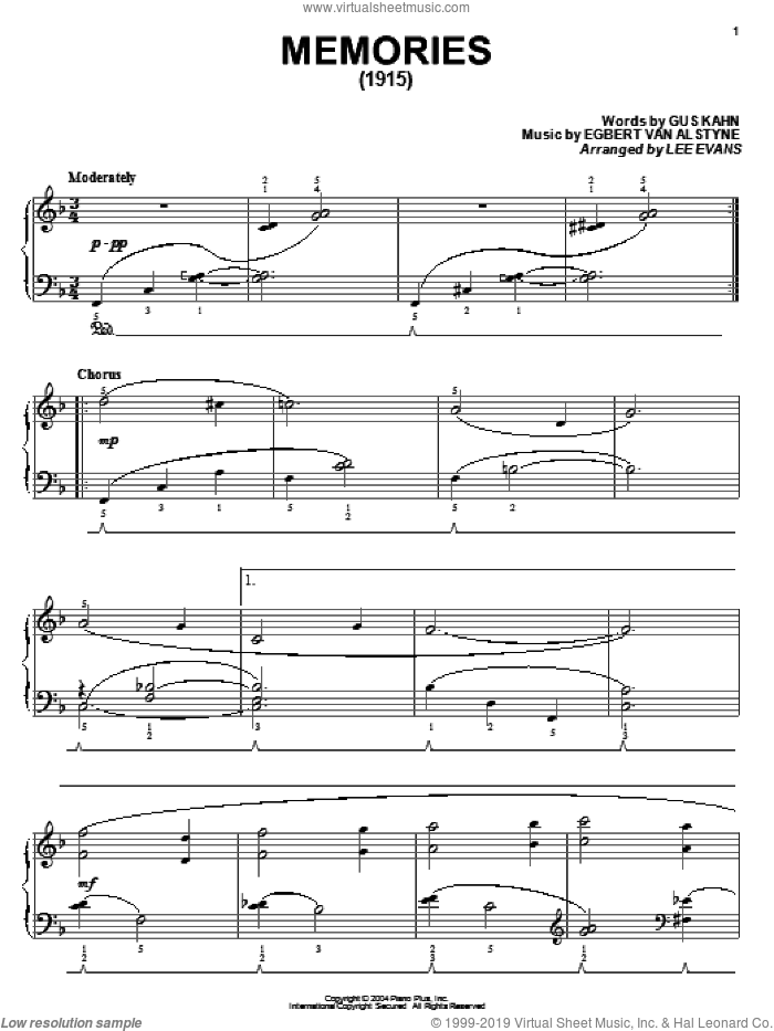 Memories sheet music for piano solo by Gus Kahn and Egbert Van Alstyne, intermediate skill level