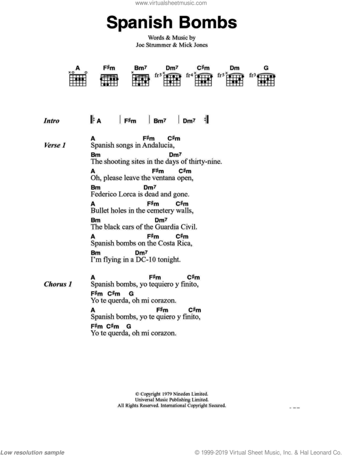 Spanish Bombs sheet music for guitar (chords) by The Clash, Joe Strummer and Mick Jones, intermediate skill level