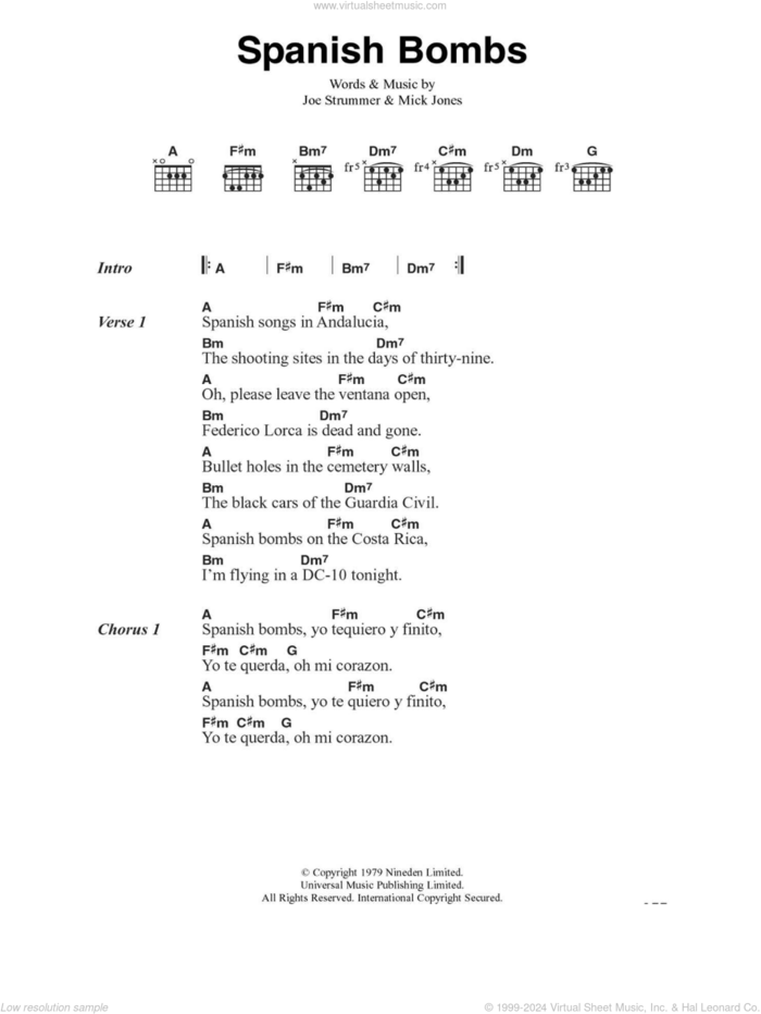 Spanish Bombs sheet music for guitar (chords) by The Clash, Joe Strummer and Mick Jones, intermediate skill level