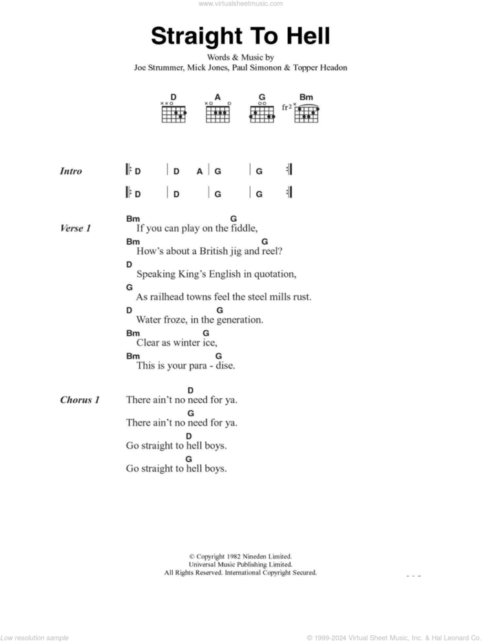 Straight To Hell sheet music for guitar (chords) by The Clash, Joe Strummer, Mick Jones, Paul Simonon and Topper Headon, intermediate skill level