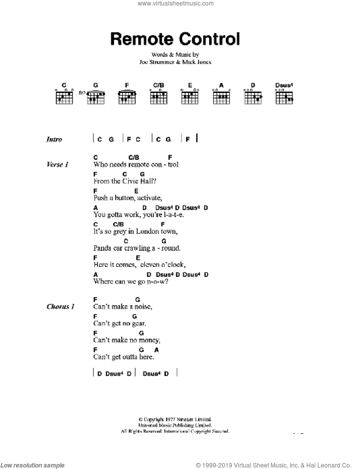 Remote Control sheet music for guitar (chords) by The Clash, Joe Strummer and Mick Jones, intermediate skill level