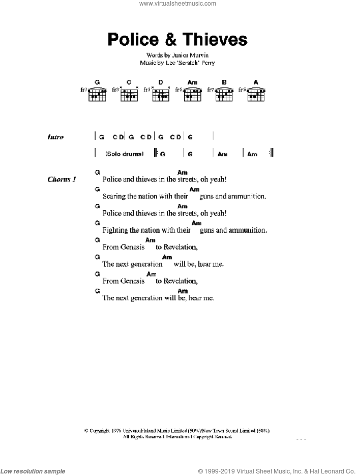 Police And Thieves sheet music for guitar (chords) by The Clash, Lee Perry and Junior Murvin, intermediate skill level