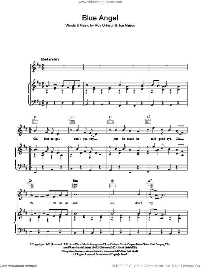 Blue Angel sheet music for voice, piano or guitar by Roy Orbison and Joe Melson, intermediate skill level