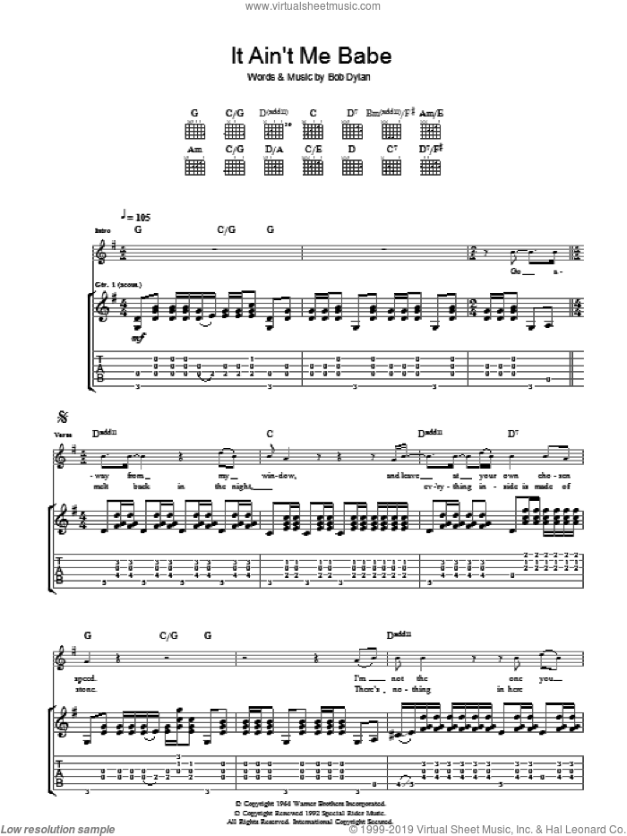 It Ain't Me Babe sheet music for guitar (tablature) by Bob Dylan, intermediate skill level