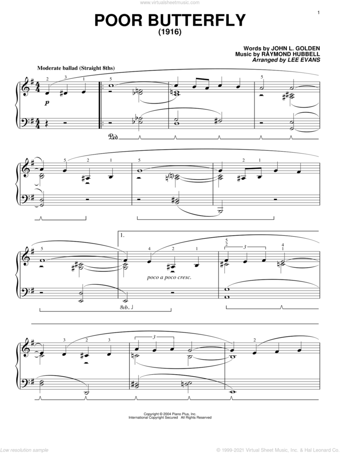 Poor Butterfly (arr. Phillip Keveren) sheet music for piano solo by John L. Golden and Raymond Hubbell, intermediate skill level