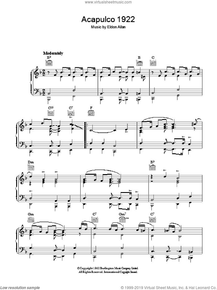 Acapulco 1922 sheet music for piano solo by Eldon Allan, intermediate skill level