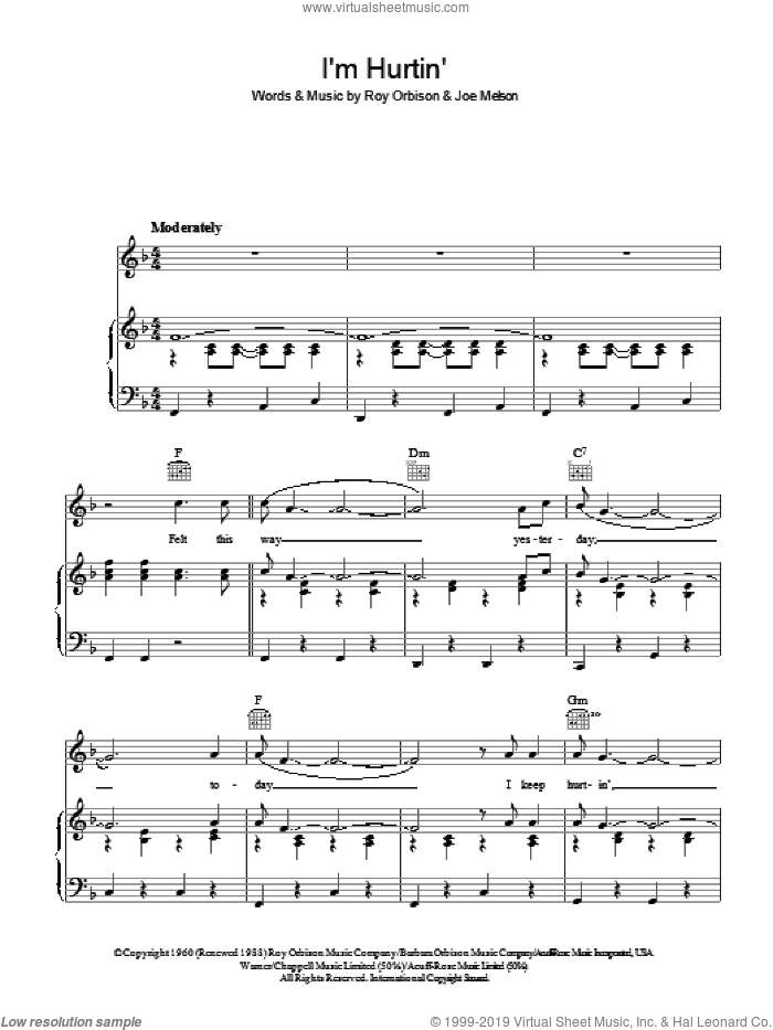 I'm Hurtin' sheet music for voice, piano or guitar by Roy Orbison and Joe Melson, intermediate skill level
