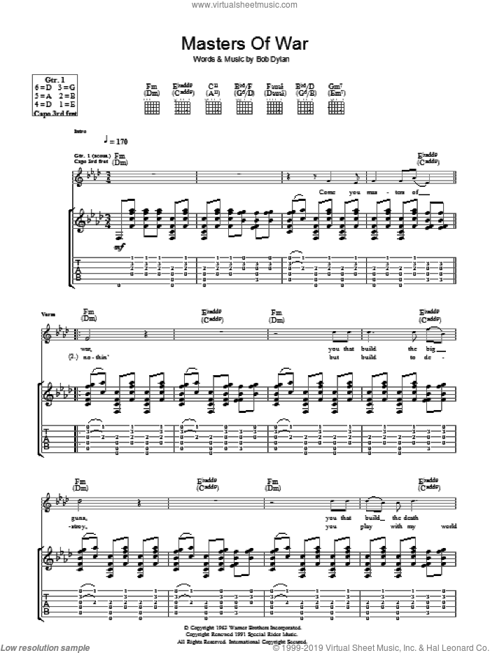 Masters Of War sheet music for guitar (tablature) by Bob Dylan, intermediate skill level