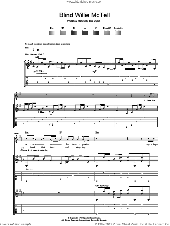 Blind Willie McTell sheet music for guitar (tablature) by Bob Dylan, intermediate skill level