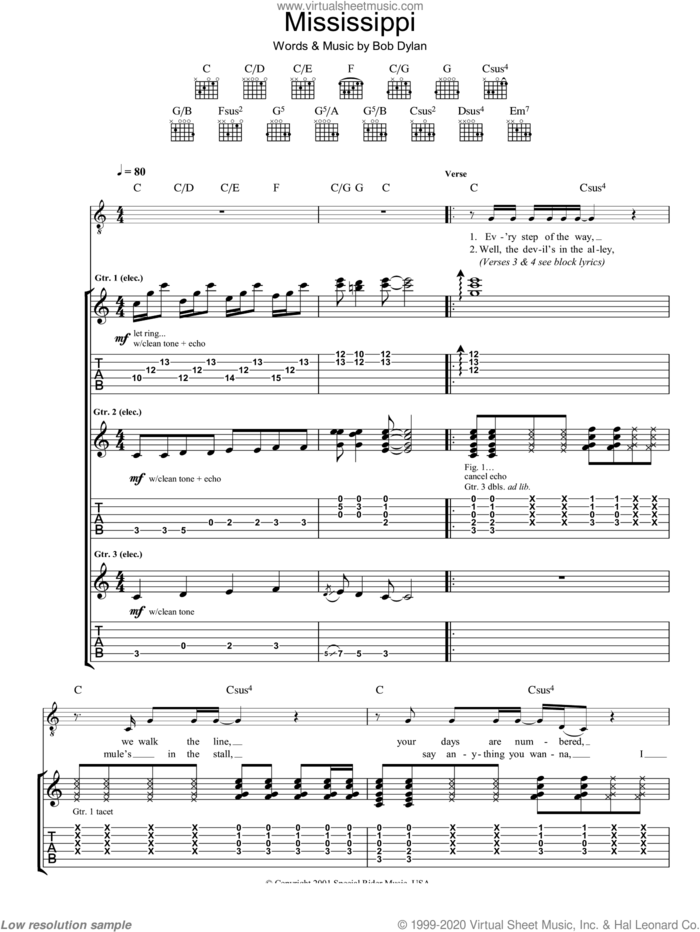 Mississippi sheet music for guitar (tablature) by Bob Dylan, intermediate skill level