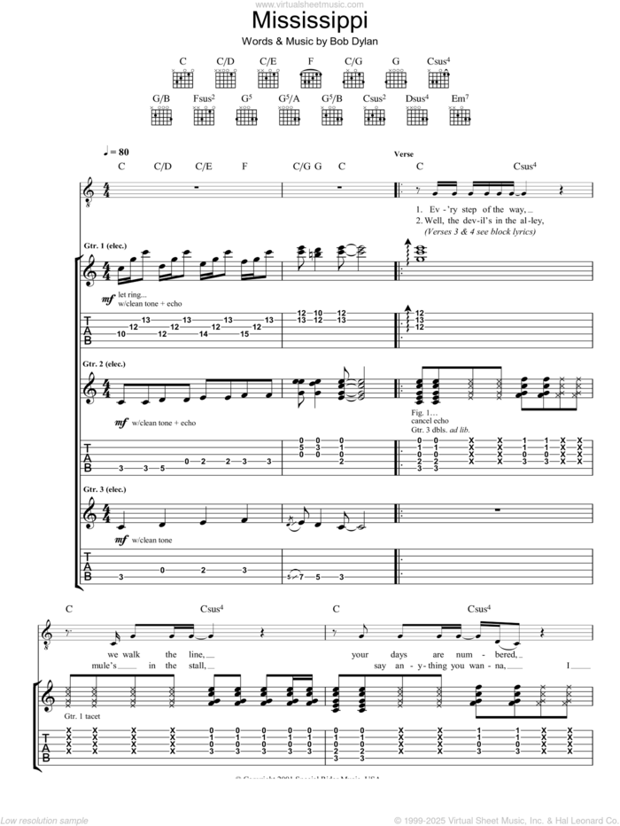 Mississippi sheet music for guitar (tablature) by Bob Dylan, intermediate skill level