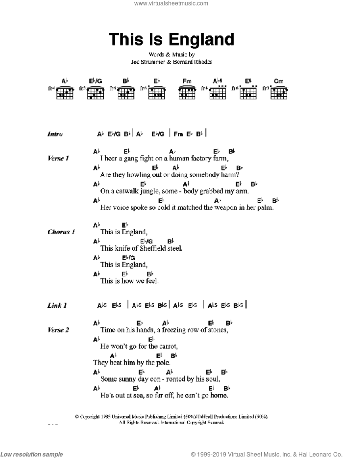 This Is England sheet music for guitar (chords) by The Clash, Bernard Rhodes and Joe Strummer, intermediate skill level