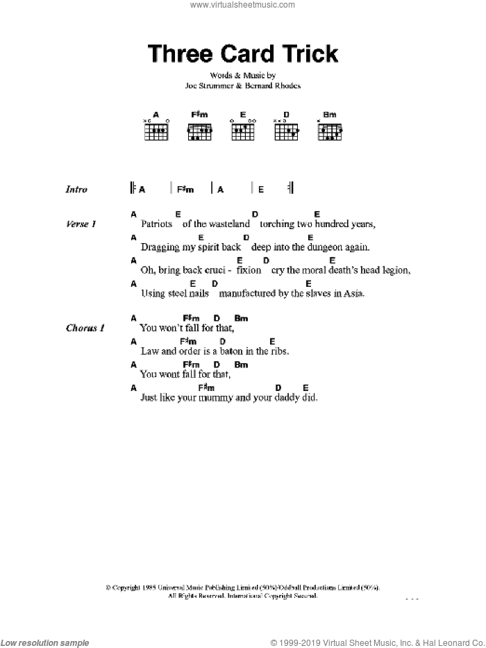 Three Card Trick sheet music for guitar (chords) by The Clash, Bernard Rhodes and Joe Strummer, intermediate skill level