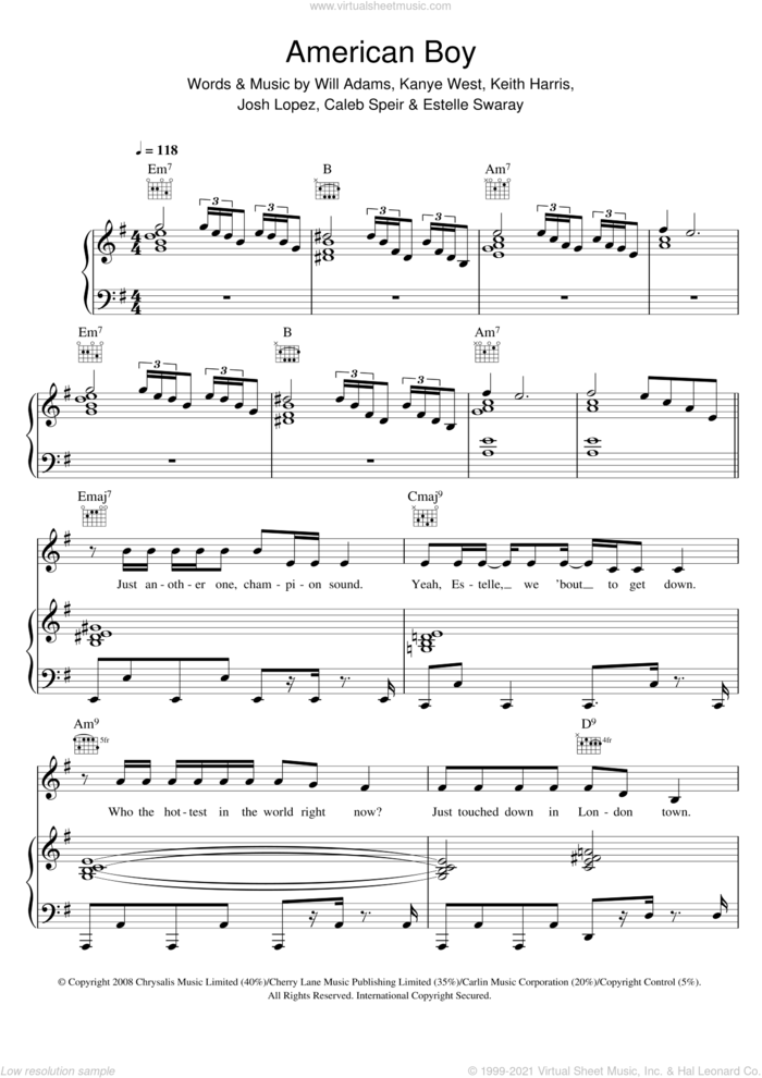 American Boy (featuring Kanye West) sheet music for voice, piano or guitar by Estelle, Caleb Speir, Estelle Swaray, Josh Lopez, Kanye West, Keith Harris and Will Adams, intermediate skill level