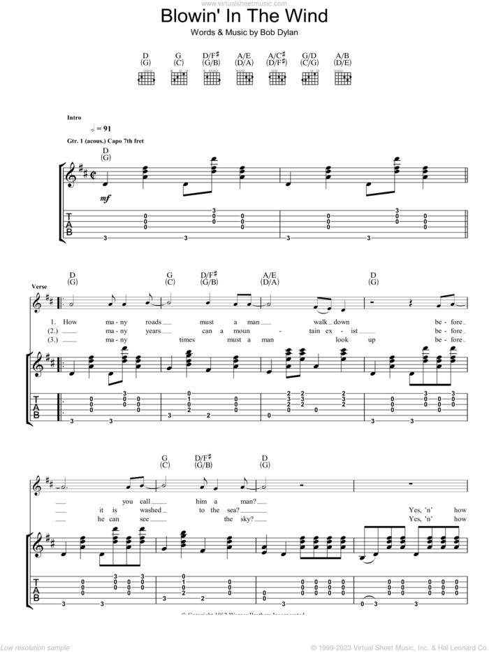 Blowin' In The Wind sheet music for guitar (tablature) by Bob Dylan and Peter, Paul & Mary, intermediate skill level