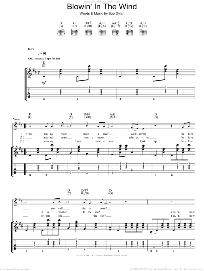 Blowin' In The Wind sheet music for guitar (tablature) by Bob Dylan and Peter, Paul & Mary, intermediate skill level