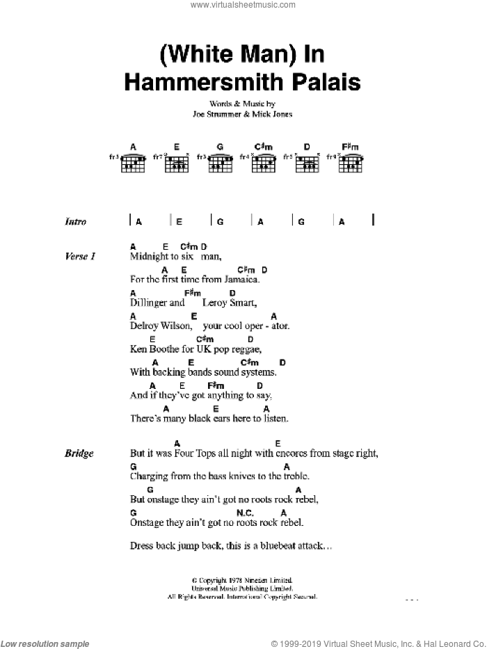 White Man In Hammersmith Palais sheet music for guitar (chords) by The Clash, Joe Strummer and Mick Jones, intermediate skill level
