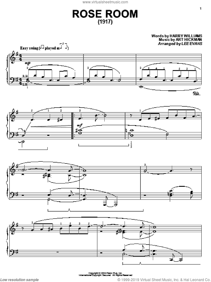 Rose Room sheet music for piano solo by Benny Goodman, Art Hickman and Harry Williams, intermediate skill level