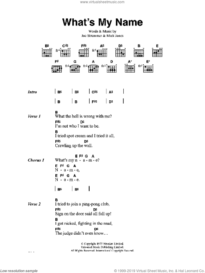 What's My Name sheet music for guitar (chords) by The Clash, Joe Strummer and Mick Jones, intermediate skill level