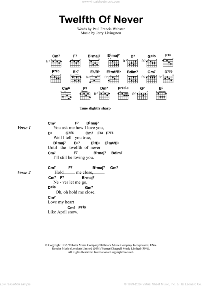 The Twelfth Of Never sheet music for guitar (chords) by Jeff Buckley, Jerry Livingston and Paul Francis Webster, intermediate skill level