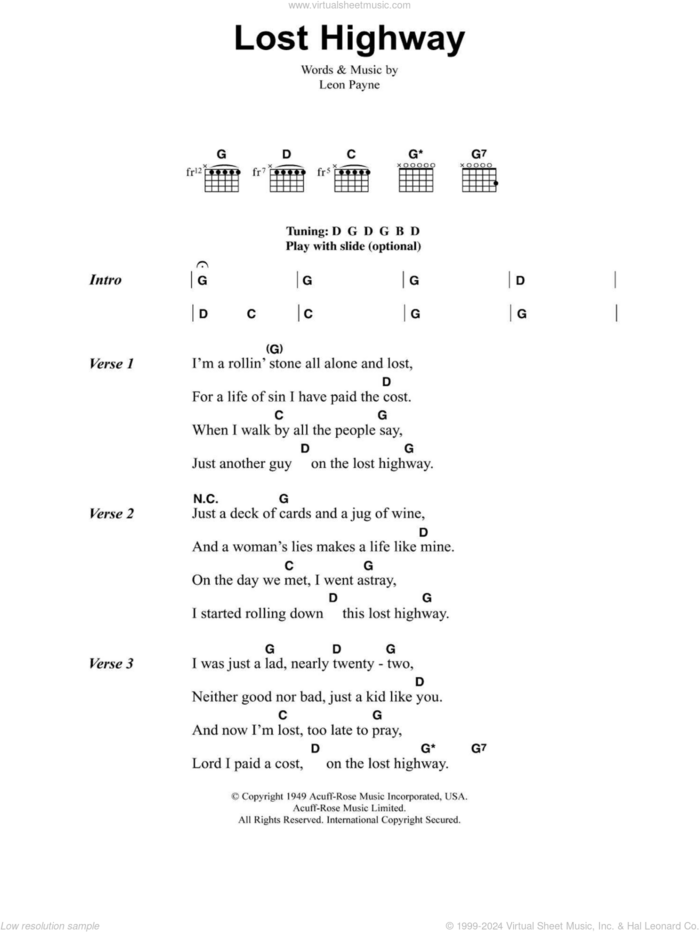 Lost Highway sheet music for guitar (chords) by Hank Williams and Leon Payne, intermediate skill level