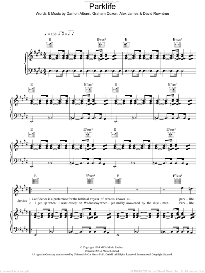 Parklife sheet music for voice, piano or guitar by Blur, Alex James, Damon Albarn, David Rowntree and Graham Coxon, intermediate skill level