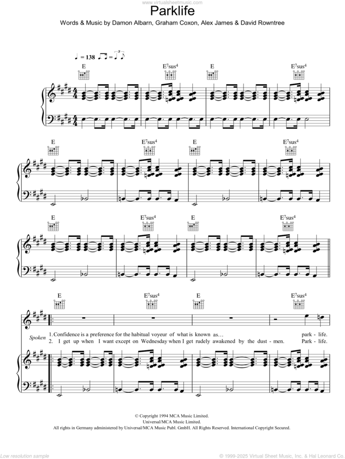 Parklife sheet music for voice, piano or guitar by Blur, Alex James, Damon Albarn, David Rowntree and Graham Coxon, intermediate skill level