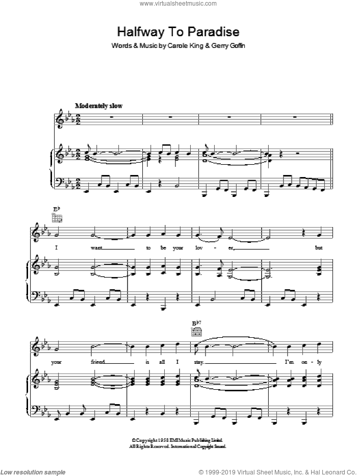Halfway To Paradise sheet music for voice, piano or guitar by Carole King, Bobby Vinton, Tony Orlando and Gerry Goffin, intermediate skill level