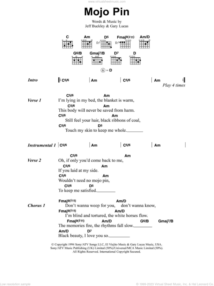 Mojo Pin sheet music for guitar (chords) by Jeff Buckley and Gary Lucas, intermediate skill level