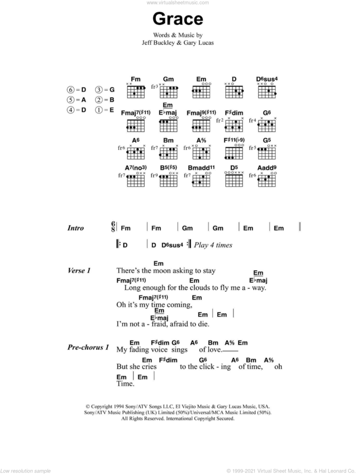 Grace sheet music for guitar (chords) by Jeff Buckley and Gary Lucas, intermediate skill level