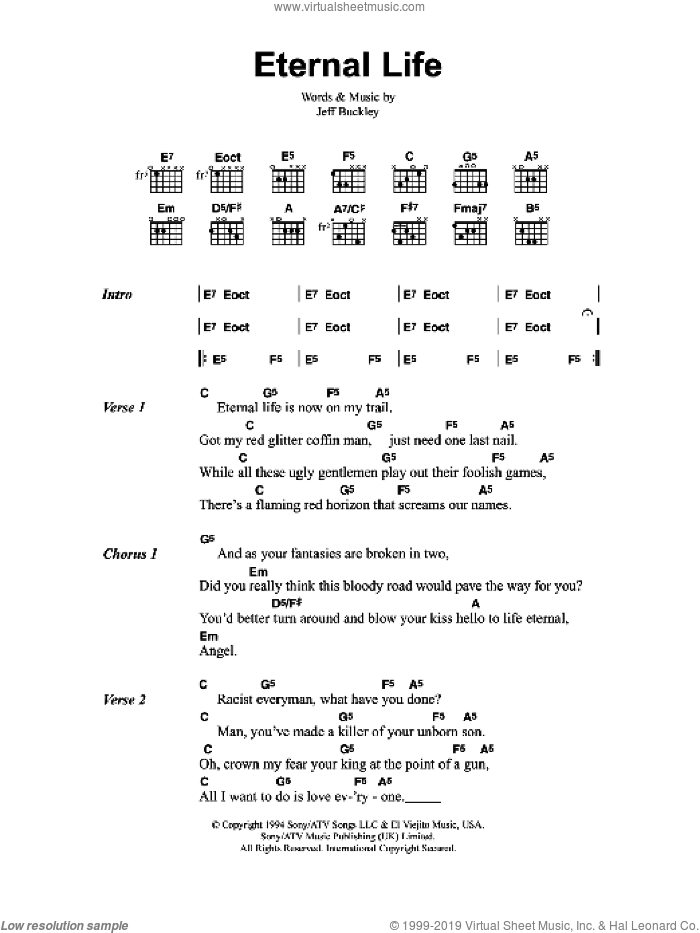 Eternal Life sheet music for guitar (chords) by Jeff Buckley, intermediate skill level