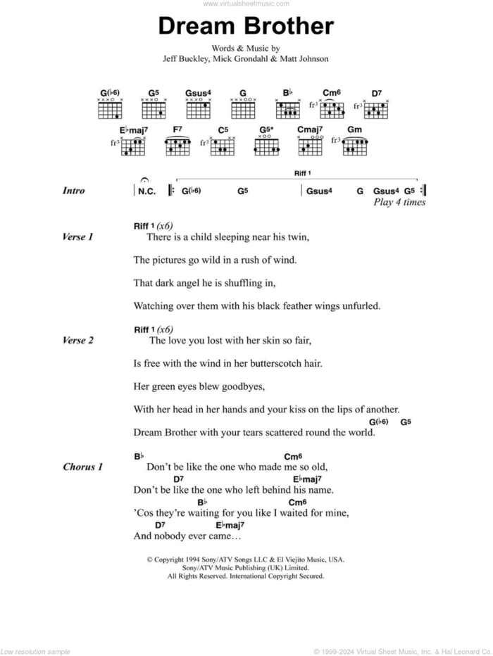 Dream Brother sheet music for guitar (chords) by Jeff Buckley, Matt Johnson and Mick Grondahl, intermediate skill level